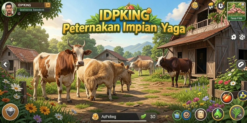 Tampilan gameplay IDPKING dengan aktivitas pertanian yang seru.