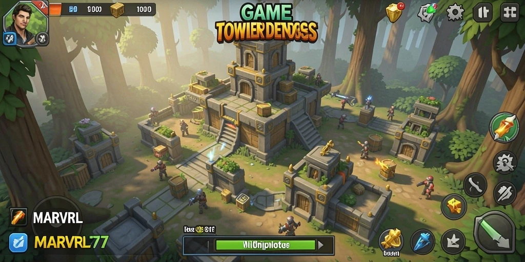 Gameplay atraktif MARVRL77 menampilkan pertempuran Tower Defense yang mendebarkan.