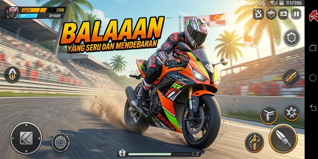 Tampilan gameplay RP886 menampilkan aksi balapan motor yang seru dan mendebarkan.